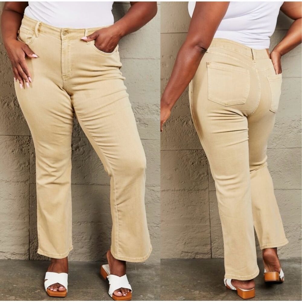 Judy Blue Cailin Mid Rise Garment Dyed Bootcut Jeans Tan Khaki Women’s Plus 18w